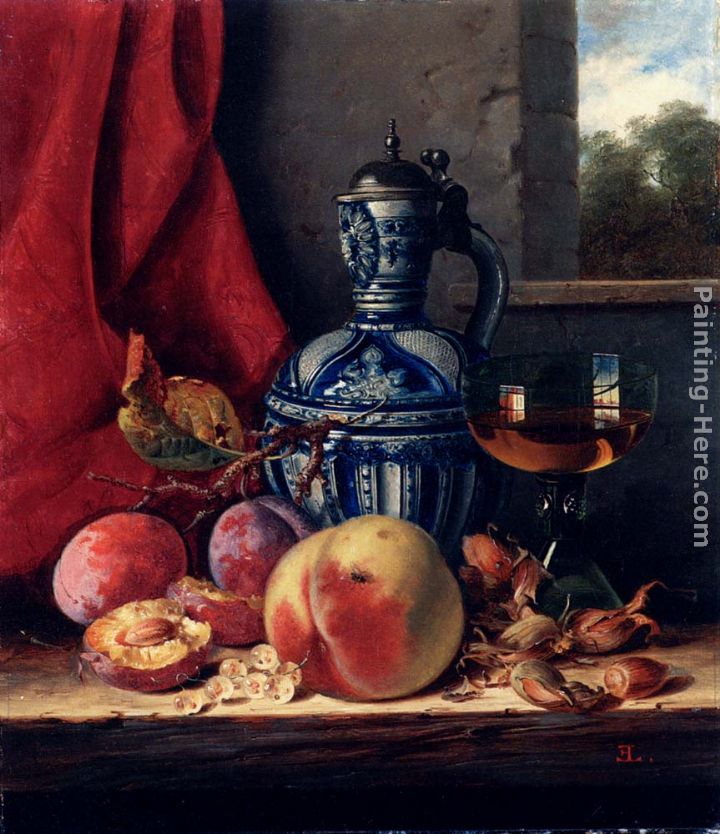 Still Life with Peaches, Whitecurrants, Hazelnuts, a Glass and a Stoneware Jug on a wooden Ledge with a Landscape beyond painting - Edward Ladell Still Life with Peaches, Whitecurrants, Hazelnuts, a Glass and a Stoneware Jug on a wooden Ledge with a Landscape beyond art painting